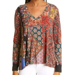Patchwork Paisley V-Neck Long Sleeve Top - Multicolor